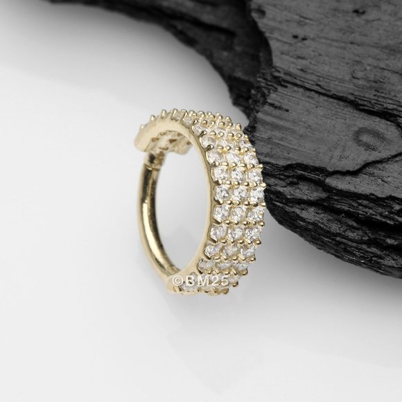 14K Gold Brilliant Sparkle Triple Lined Gems Seamless Clicker Hoop Ring